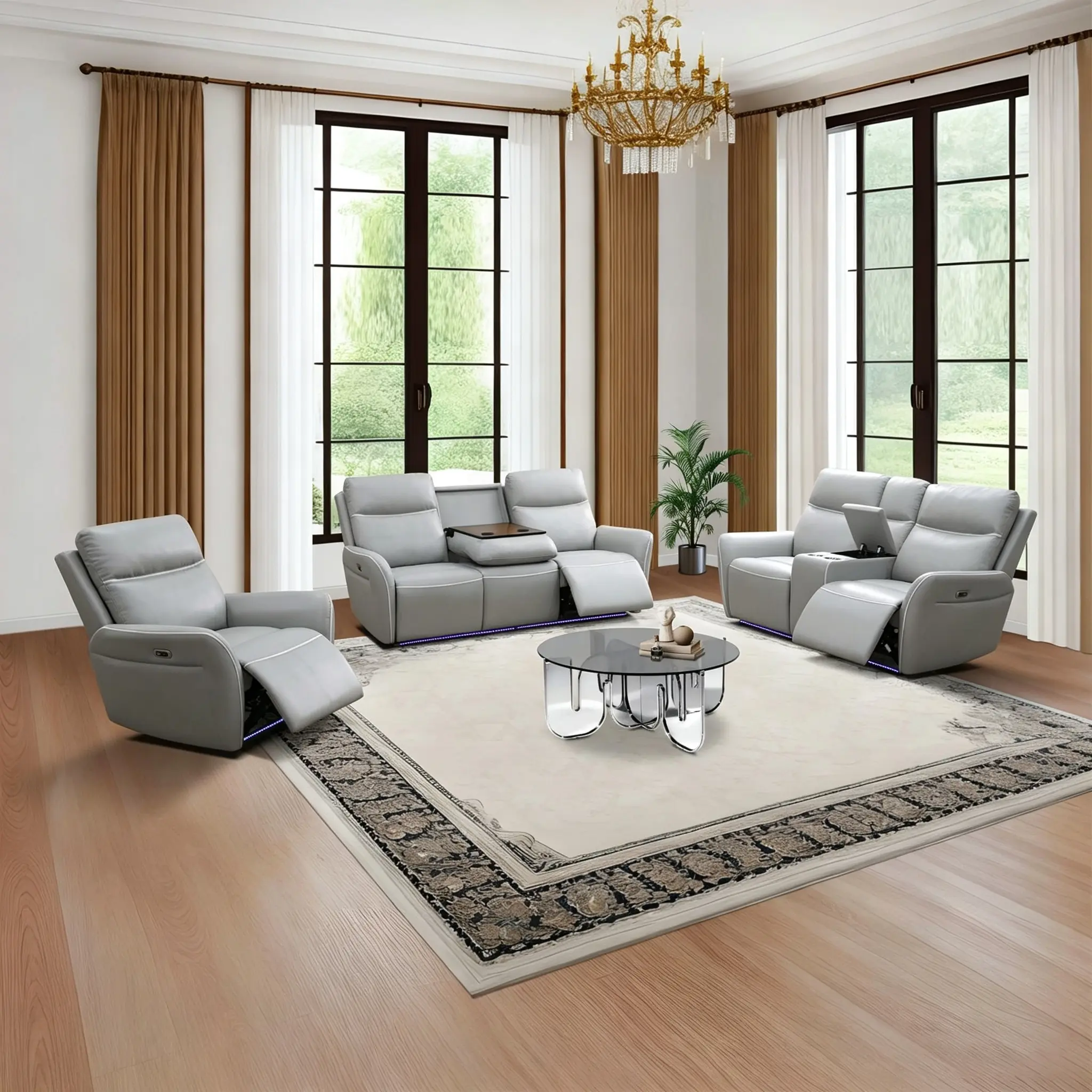 Light Grey 3-in-1 Power Recline Leather Sofa Set - Modular Sectional Couch, Recliner Chair, Ambient LED Accent Lighting, Skin-Friendly Split Design, Multi-Functional Center Tray, Armrest USB Charging, Neutral Home Large Space Living Room Theater Furniture