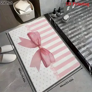 Pink bow print bathroom floor mat with stripes and polka dots, Bathroom Accessory, cute cartoon style home decoration carpet, household washable entrance door floor mat, cream style pink carpet