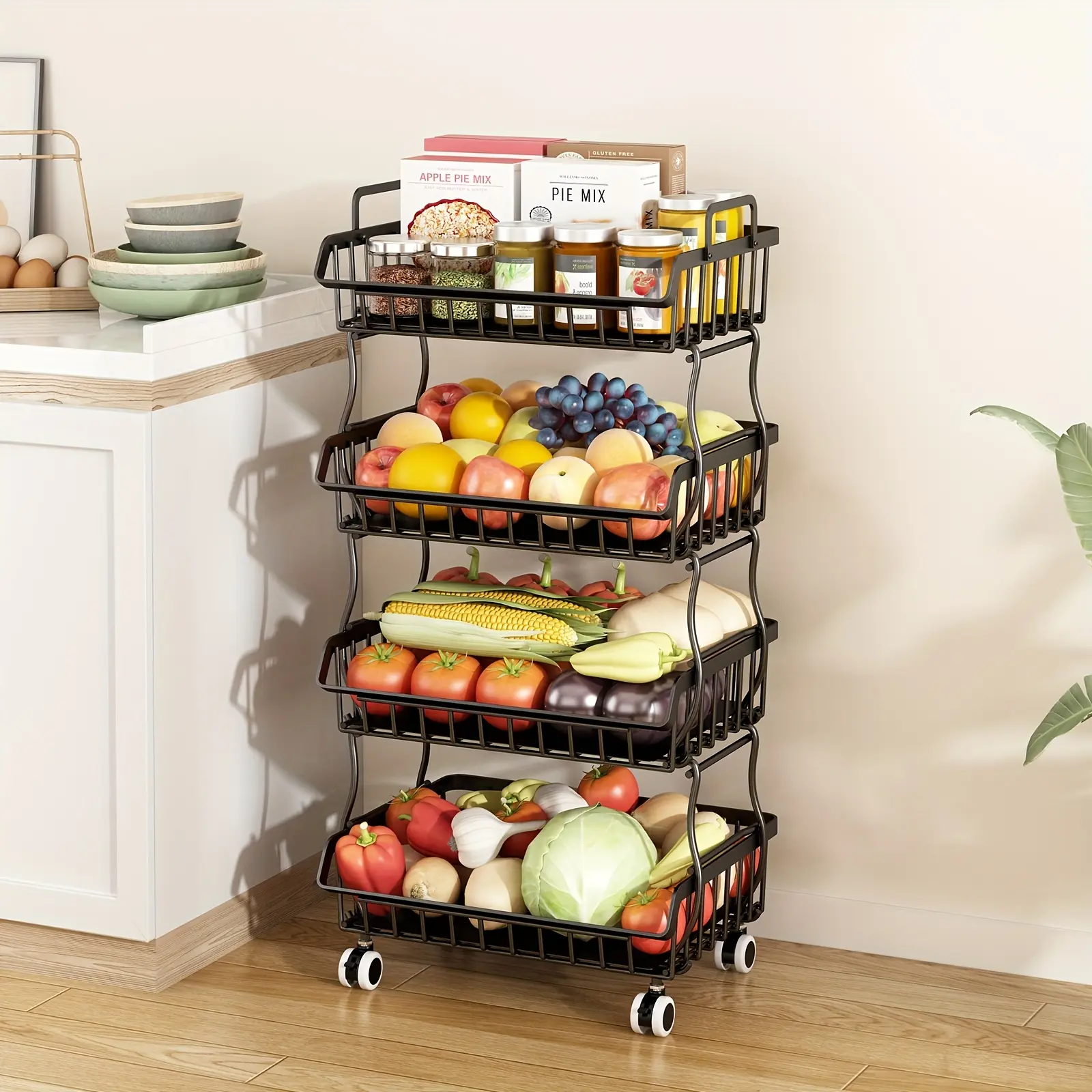 4-Tier Stackable Metal Wire Storage Basket Organizer with Wheels, Durable Open Shelf Kitchen Pantry Storage for Fruits, Vegetables, Utensils