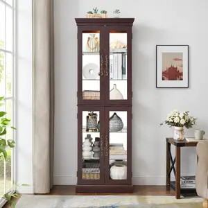 Illuminated Display Cabinet with Adjustable Glass Shelves, Vintage Carved Handle Silent Hinge Curio Cabinet, Built-In LED Lighting Movable Partition Luxury Storage Cabinet for Home Decor Collectibles