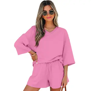 Solid Loose V Neck Half Sleeve Tee and Shorts Full Size Range Available in Size S-4X Both for Plus Size & Regular