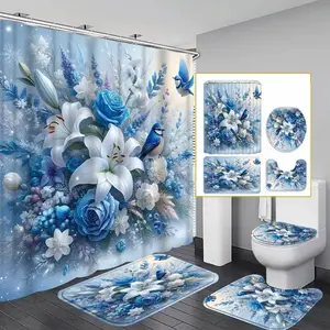 Floral Pattern Bathroom Accessories, 4 Countsset Including Shower Curtain & Toilet Lid Cover & Rectangular Mat & U-shaped Mat, Bathroom Decor Supplies, Bathroom Decoration Accessories, Shower Curtain Sets