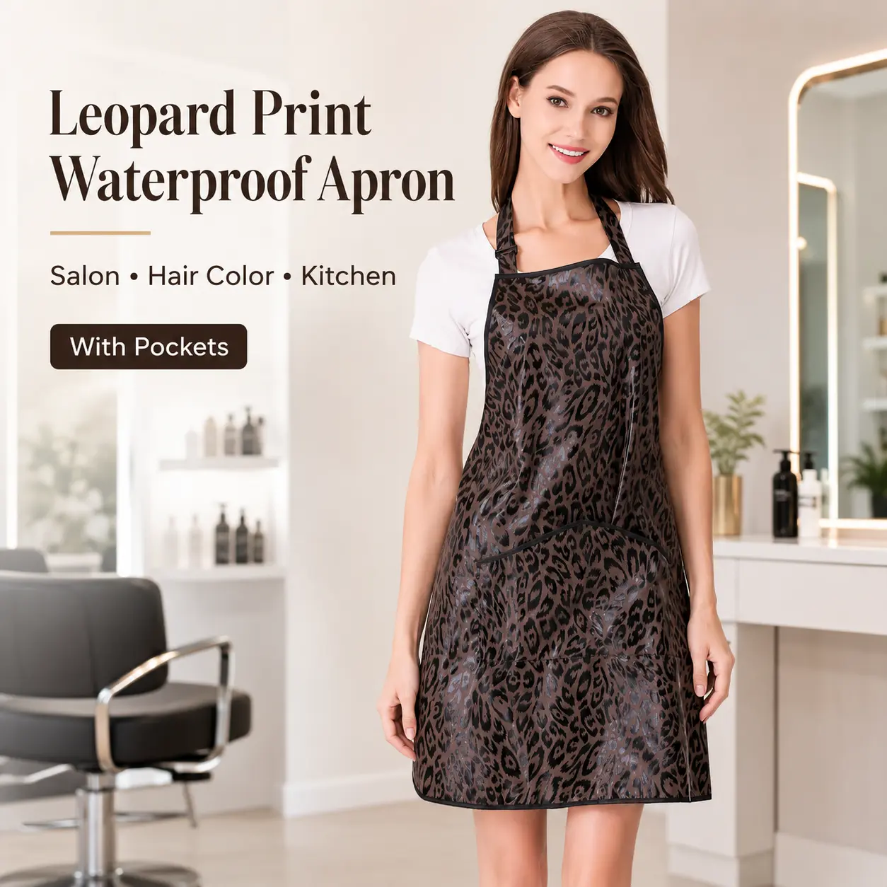 Leopard Print Waterproof Salon Apron for Adults - Barber Styling Hair Color Smock with Pockets, Also Great as Water Resistant Kitchen Cooking Apron