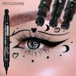 3PCS/Set Waterproof 2 In 1 Black Liquid Graphic Eyeliner Double-head Moon Stamp Eye Liner Pencil Quick Dry Non-Smudge Long-lasting Easy to Use Eye Makeup Products Cosmetics