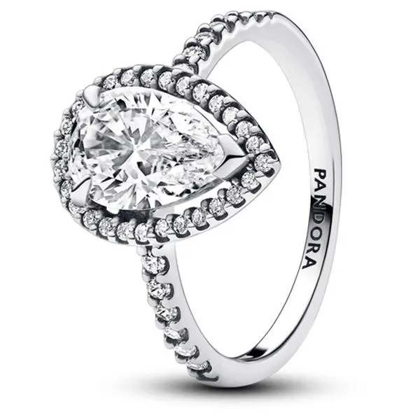 PANDORA Sparkling Pear Halo Ring in Sterling Silver, Classic Reimagined Design with Pave Band and Claw Prongs 193012C01-52, Glitter Silver Rings, Sparkling Silver Rings