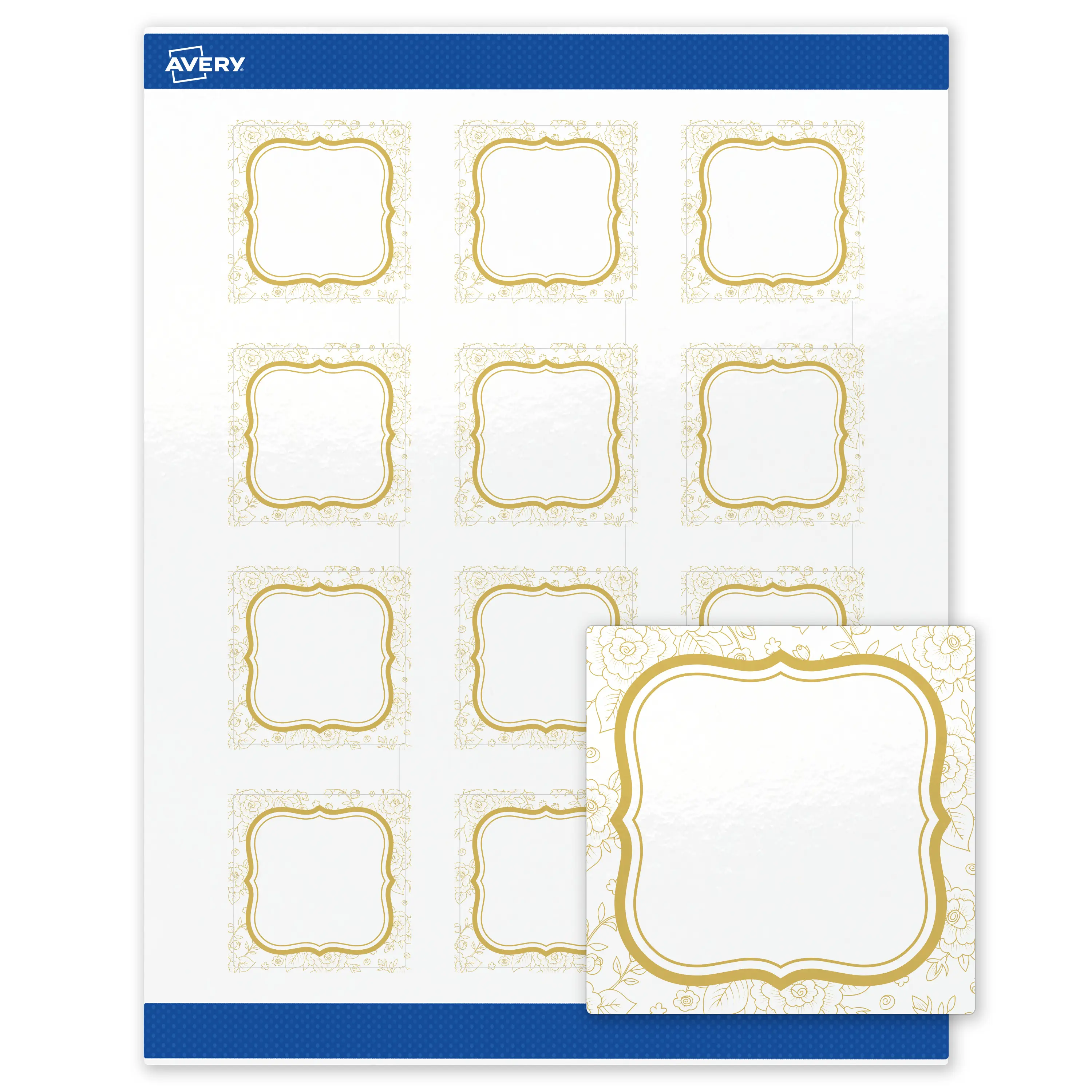 Avery® Printable Square Labels, 2" x 2", Glossy White, Sure Feed® Technology, Pre-printed Metallic Gold Flourish Border Design Great for Weddings, Laser & Inkjet Compatible, 120 Total