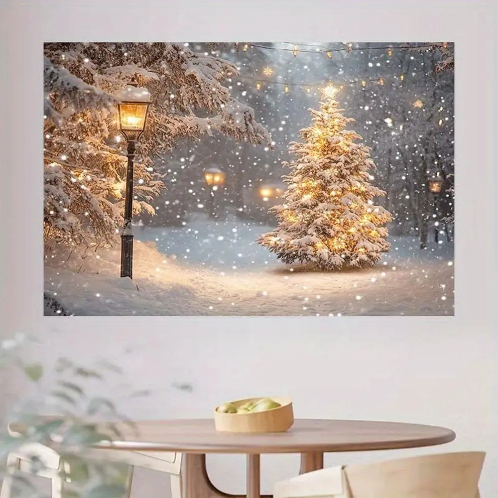 1pc 2D Flat Soft Durable Polyester Christmas Backdrop - Glam Decorative Print with Snowflake, Decorated Tree, Lantern - Non-Electric White Festival Party Banner for Indoor, Outdoor Celebrations, Flat Backdrop