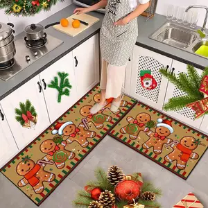 2pcs Christmas Kitchen Mat Set, Gingerbread Man Lollipop Cotton Candy Pattern, Non-Slip Floor Mats, Holiday Decor
