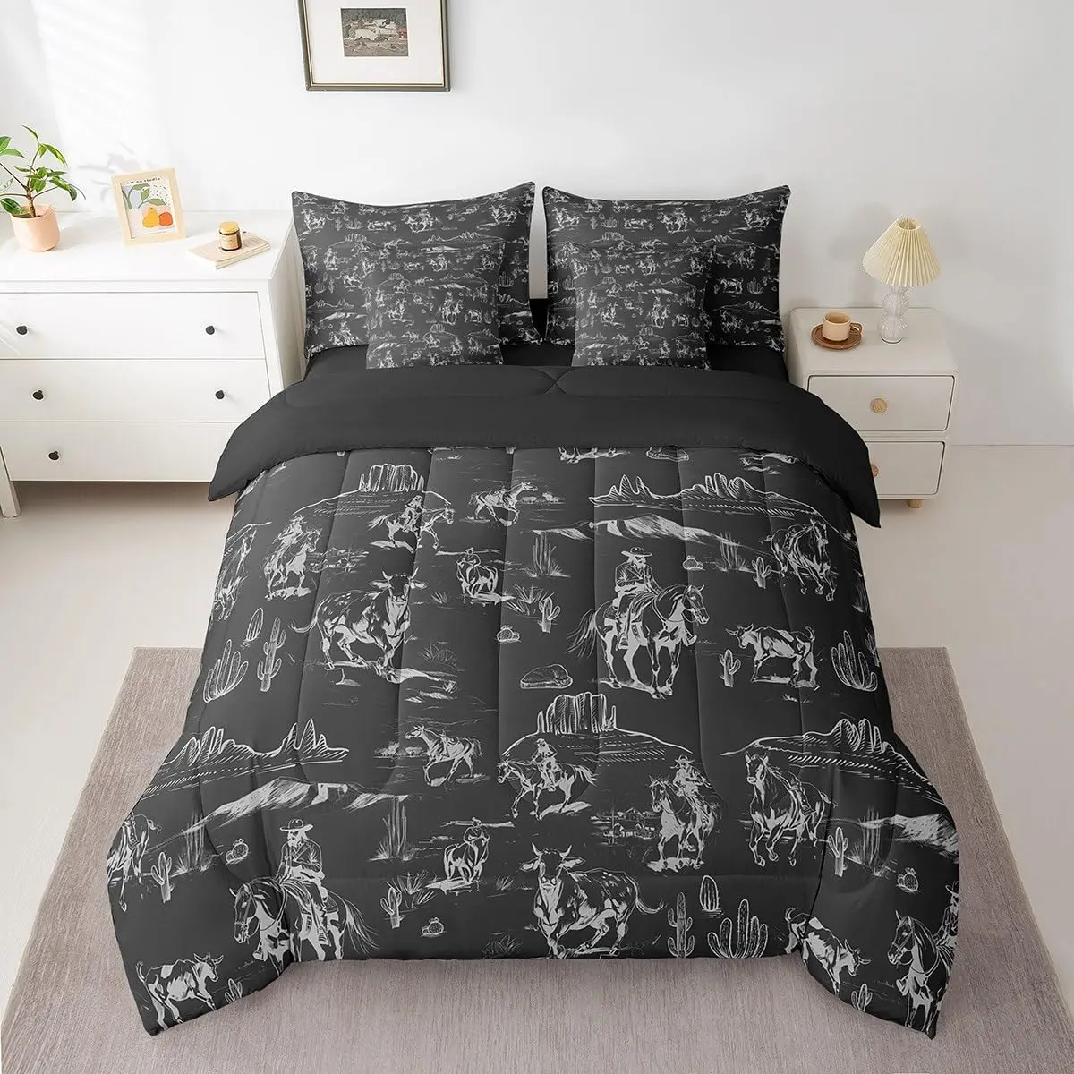 Wild West Cowboy Bedding Set,7 Pieces Bed in A Bag,Rodeo Cowboy Western Bed Sets with Comforter,Fitted Sheets,Flat Sheets,Pillow Shams and Pillowcases, Bedroom Bedding Set, Bed Comforter Set