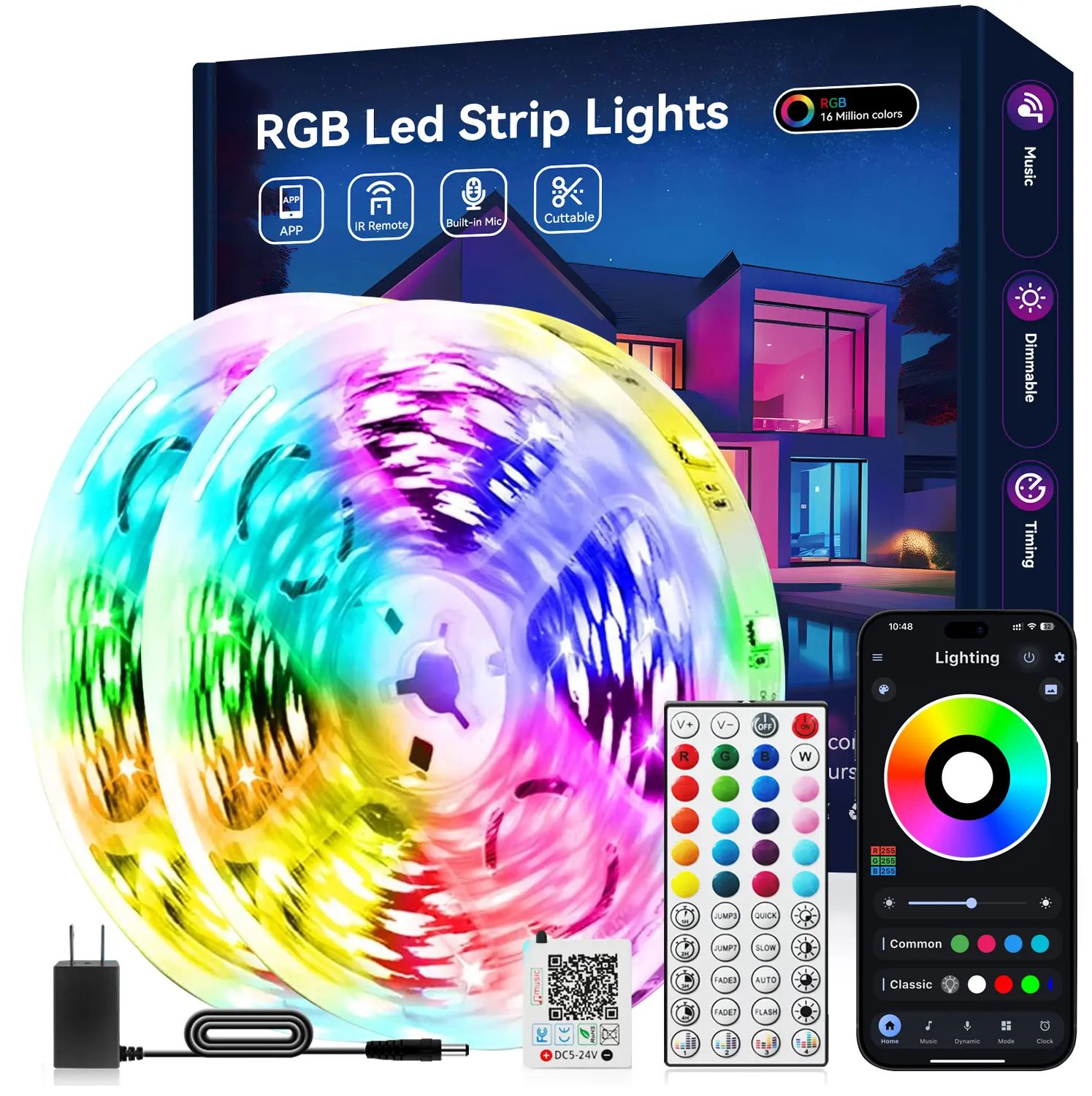 Smart RGB LED Strip Lights, Color Changing, Includes Power Supply and Controller, Easy Installation, Multifunctional Lighting for Bedroom Home Party Decor