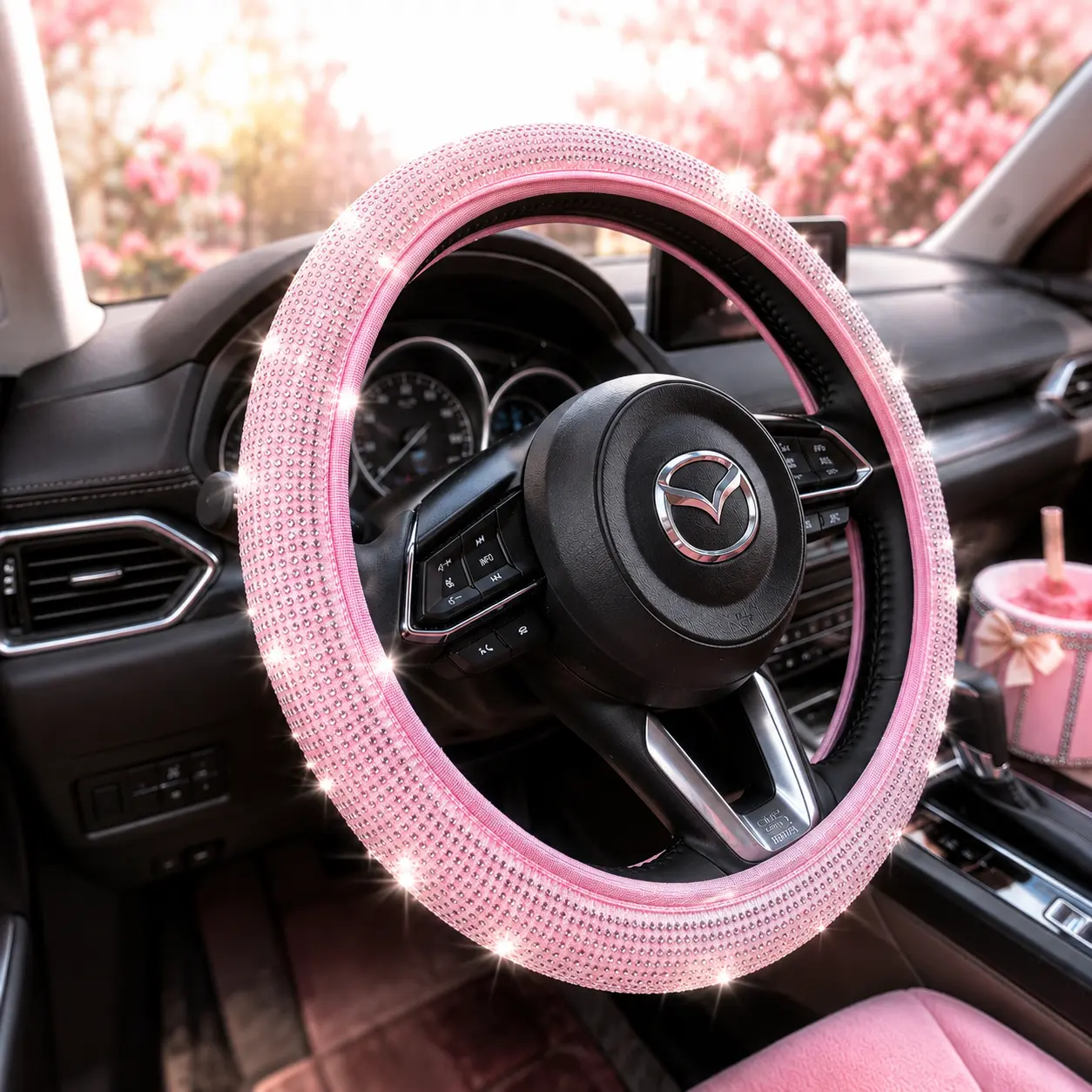 PINK/Black Rhinestone-Adorned Steering Wheel Cover- Enhance Your Car's Interior with Sparkling Elegance