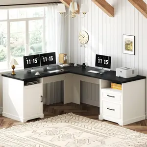 Unikito Farmhouse L Shaped Executive Desk with File Drawers, 60" Corner Computer Desk with Power Outlets, Large 2 Person Home Office Table with Storage Cabinet, Sturdy Writing Desks, White and Black