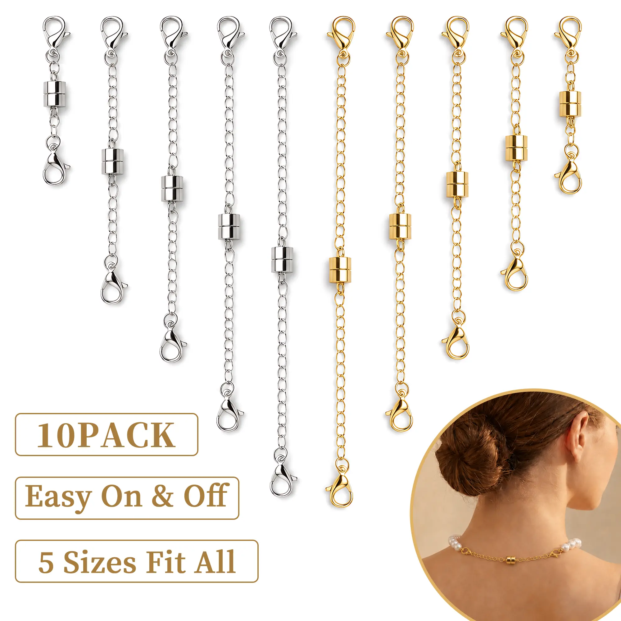 Magnetic Necklace Extender Clasps Set, Gold & Silver Necklace Extenders with Strong Magnetic Lobster Clasp, Easy Adjustable Jewelry Clasp for Women