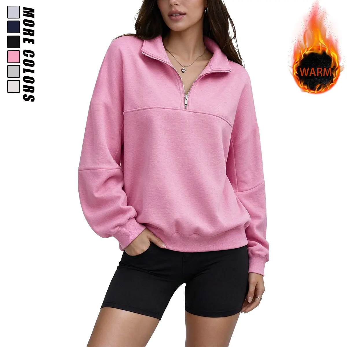 JOGWAVE Women’s Warm Half-Zip Sweatshirt, Casual Stand Collar Pullover Top, Loose Long-Sleeve Fleece-Lined Sweatshirt, Soft Relaxed-Fit Quarter-Zip Sweater, Versatile Basic Top for Everyday Casual, Outdoor and Office Wear, Available in Multiple Colors