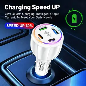 75w 4-In-1 Car Charger with 2 USB & 2 Type-C Ports, RGB Ambient Light, Compatible with iPhone 16 Pro/16/15 Pro/15 & Samsung S25/s24/s23, Multifunctional Charger, Type C Charging