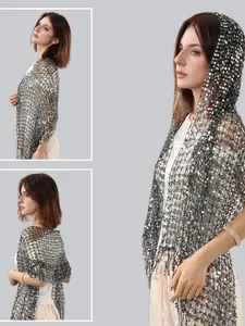 Women's Fashion Sequins Fringe Long Scarf, Lightweight Breathable Headscarf/shawl, Thin Mesh Material, Wedding & Festival Accessory, Fashion Hair Scarves