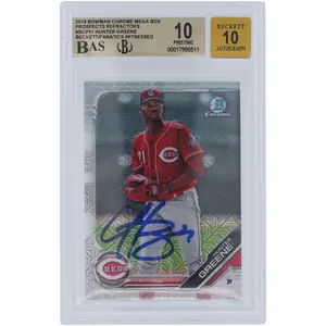 Hunter Greene Cincinnati Reds Autographed 2019 Bowman Chrome Prospects Mega Box Refractor #BCP-51 Beckett Fanatics Witnessed Authenticated 10/10 Card - 10,10,10,9.5 Subgrades - Fanatics Authentic Certified