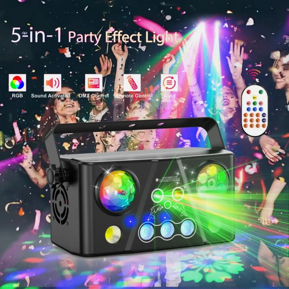 5-in-1 Battery-Powered RGB Color Changing DJ Disco Party Light - 6pcs Plastic Green Laser Light with 16 Red/Green Charts, Sound Activation, Strobe, White Flash, Remote (2-8m Control, 3-5m Optimal Projection) for Indoor Birthday, Wedding Venues