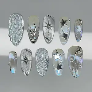 24 Piece Almond Shape Cyberpunk Design Nail Set, Light Silver Color Star Glitter, Removable Handmade Nails with Tools, Glossy Finish, Handmade Reusable Nails