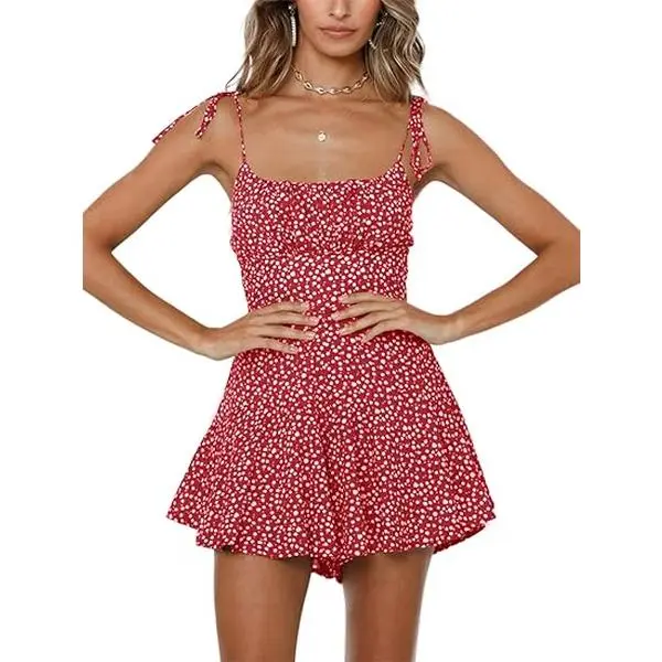 Cicy Bell Women's Boho Floral Wide Leg Short Romper Spaghetti Strap Smocked Jumpsuit with Adjustable Strappy and Ruffle Hem - Womenswear