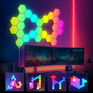 RGB Smart Hexagonal Wall Lamp, Color Changing Ambient Night Light, Rgb lighting effects, DIY Modular Shape, Music Rhythm Sync, APP Control, Adjustable Brightness & Multiple Lighting Modes, Perfect for Game Room, Bedroom, Living Room Decor