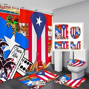 Creative Puerto Rican Culture Bathroom Set, Includes Shower Curtain, Toilet Seat Cover, Bath Mat, U-Shaped Pad, Home Decor Essentials