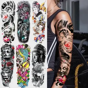 6 Pcs Floral Temporary Tattoo Stickers, Waterproof Long-Lasting Full Arm Fake Tattoos, Includes Koi Fish Wolf Goddess Design