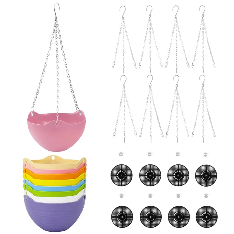 8 Pack Multicolor Hanging Planter Pots, Garden Hanging Planters, Round Hanging Basket Pot for Indoor Outdoor Garden,Home Decor,with Water Tray Metal Chain