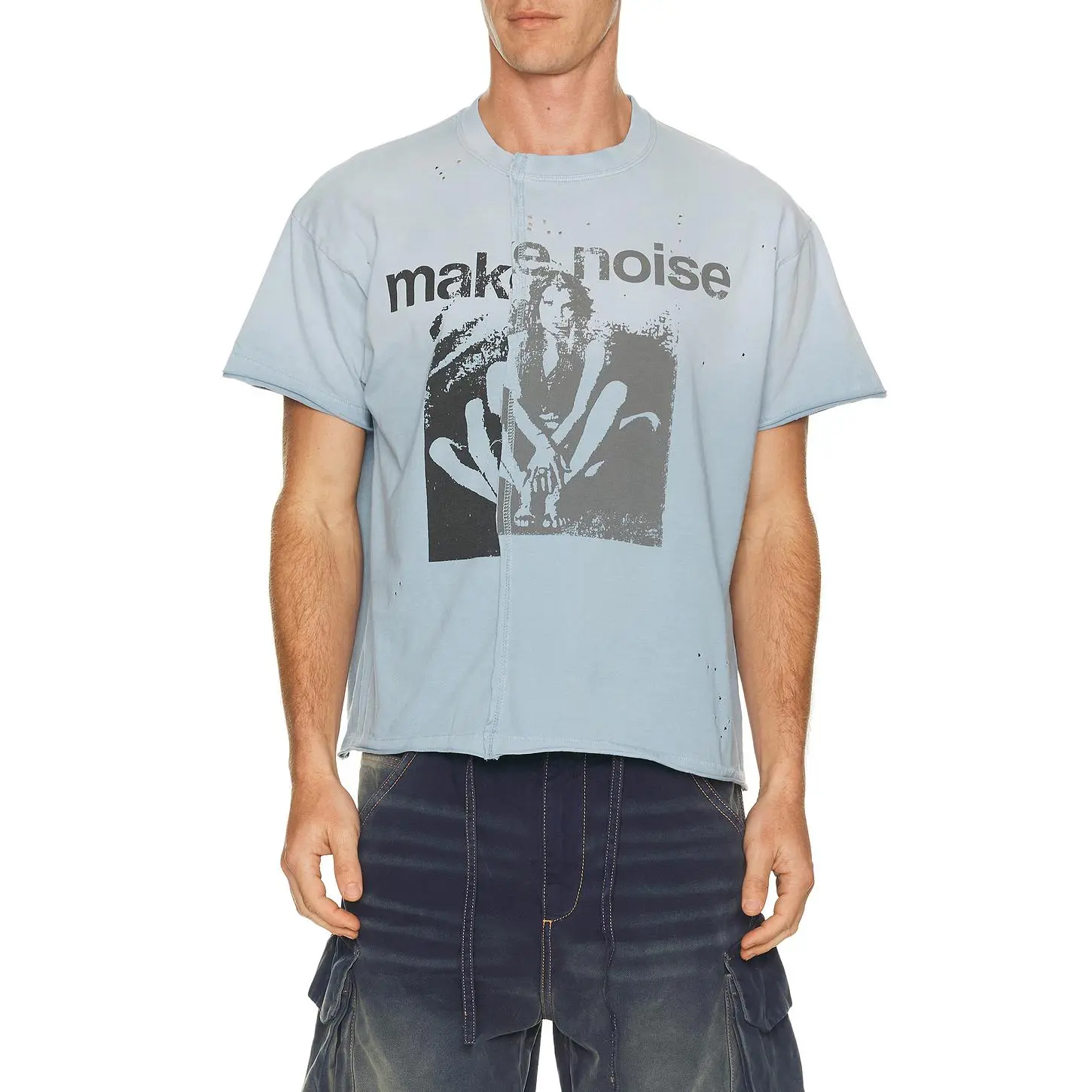 Jaded London Make Noise Spliced Frayed T-Shirt in Light Blue