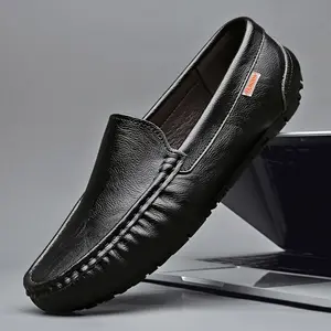 Men's Genuine Leather Loafers - Casual Slip-On Sports Style Shoes, Solid Color, All-Season, Square Toe, Rubber Sole, Comfortable PU Insole - Luxurious Business Casual Footwear - For Men - Suitable for Work, Parties & Daily Wear - Perfect Gi