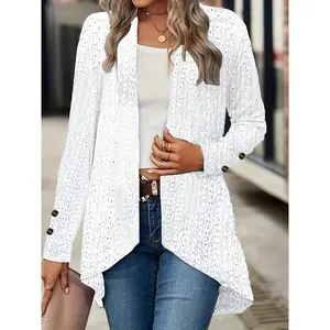 Plus size women's long sleeved lace hollow hook flower shawl collar cardigan Elegant Knitting