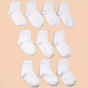 (New)10/12 Pairs Kids Cotton Blend Crew Socks, Solid White, Casual Daily Wear, Spring/Summer, Hand Wash, 75% Cotton, 22% Polyester, 3% Spandex, 220g/m² Knit Fabric