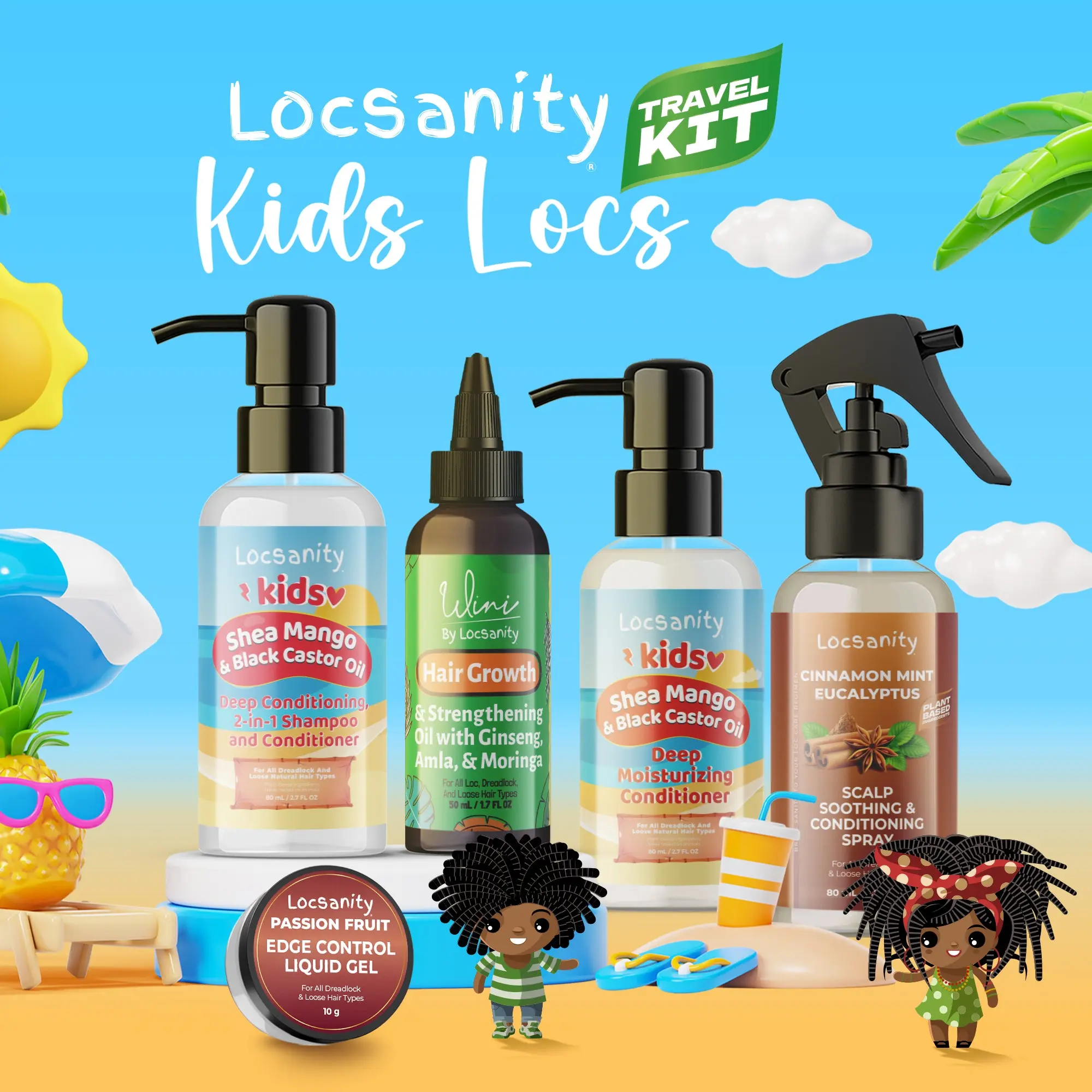Locsanity Youth Natural Dreadlock Sample Travel Kit - 2-in-1 Shampoo & Conditioner Cleanser, Hydrating Hair Oil, Scalp Spray, Edge Control Gel, Compact 100g Set for Children (Convenient Sizes)