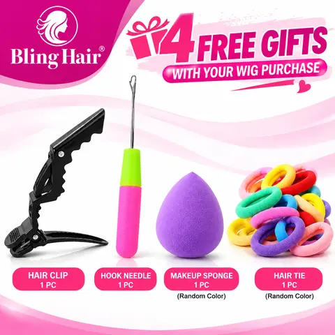 [Not for Sale] Women's Bling 4-Piece Wig Accessories Gift Set - Hair Clip, Crochet Hook Needle, Makeup Sponge, Hair Tie (Random Colors), Hair Ties