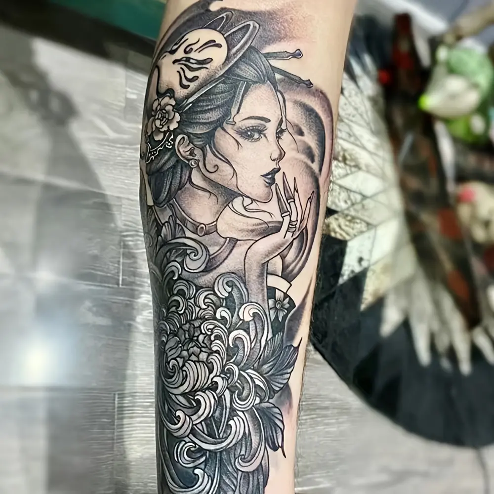 6 Pack Large Geisha Figure Fake Tattoos, Semi-Permanent Herbal Temporary Tattoos, Waterproof Art, Retro Look, Long-Lasting 7-15 Days Henna Body Art