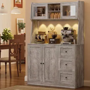 67" Tall Kitchen Hutch Storage Cabinet, Farmhosue Coffee Bar Cabinet with 3 Drawers and LED Lights, Freestanding Food Pantry Cabinet with Countertop for Living Room, Dining Room, Grey
