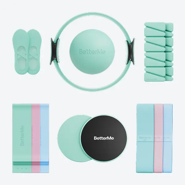 BetterMe All-in-1 Pilates Kit, 7-Piece Compact Mint Home Workout Set - Includes Sliders, Foam-Padded Ring, Ball, Bands for Full Body Toning, Sculpting & Studio Workouts