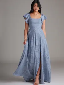 Azazie Bondi Square Neck Flutter Sleeve Floral Burnout Tie-Back Slit Wedding Guest Dress Womenswear Bridal