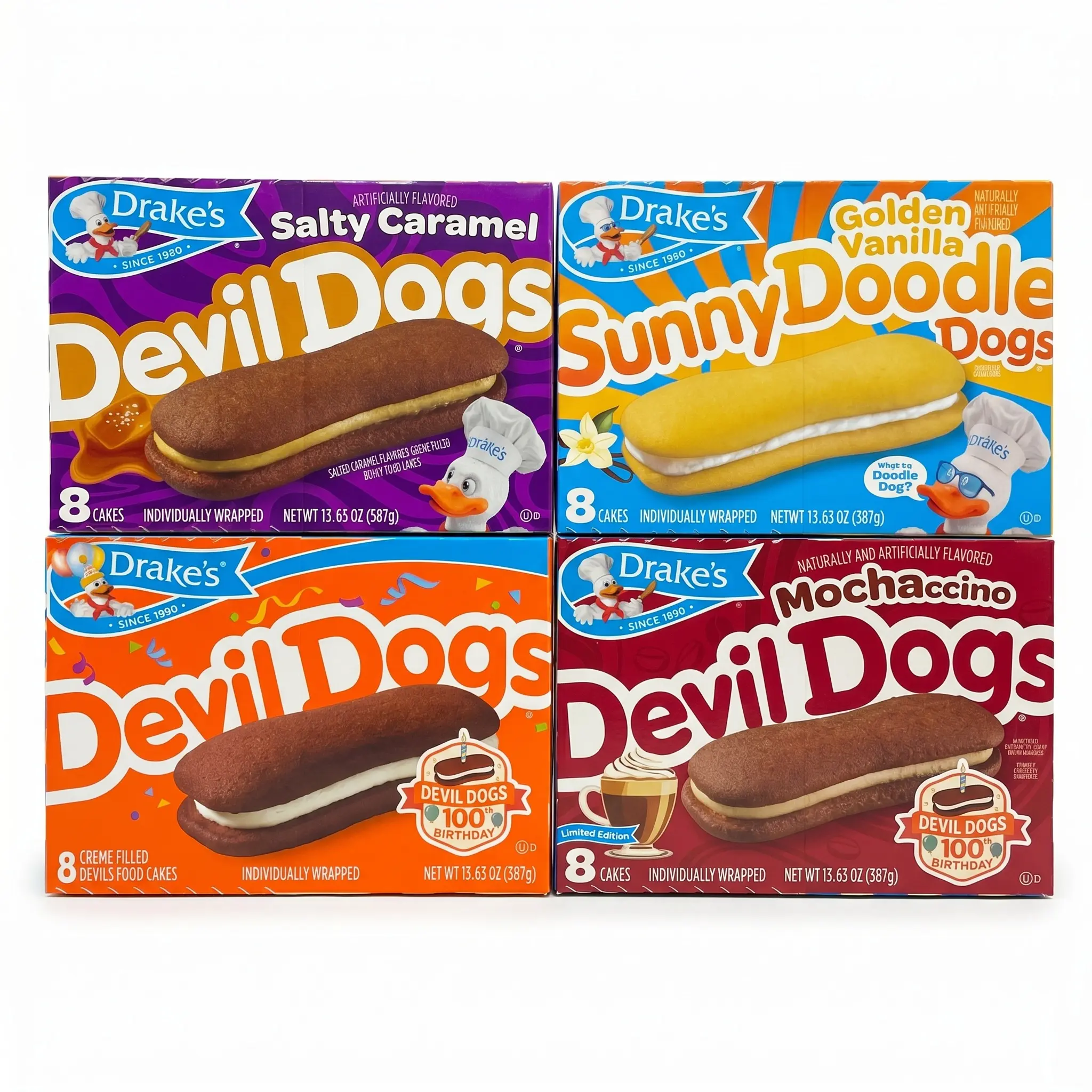 Drake's Devil Dogs Ultimate Variety Pack, Original, Salted Caramel, Mochaccino & Sunny Doodle, 4 Boxes, 32 Cakes
