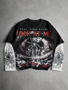 Men's Long Sleeve Patchwork Graphic Tee, Casual Streetwear Tops, Casual Fitted Design, Spider Print & Colorblock Sleeves, Perfect for City Gatherings & Concerts