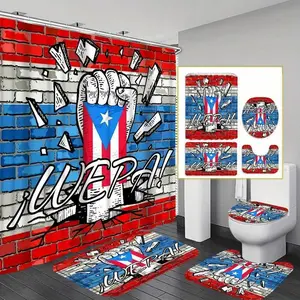 Puerto Rico Flag Pattern Bathroom Decorations, Bathroom Shower Equipment, 4 CountsSet Including Shower Curtain & Toilet Lid Cover & Rectangular Mat & U-shaped Mat, Bathroom Accessories