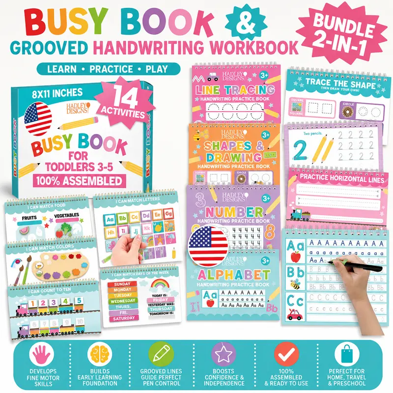 Hadley Designs Preschool Kids Handwriting & Busy Book Bundle (Ages 3-7) - Grooved Handwriting Book, Magic Tracing Copybooks, Montessori 14-Activity Set, Language Learning Supplies for Fine Motor Skills Development