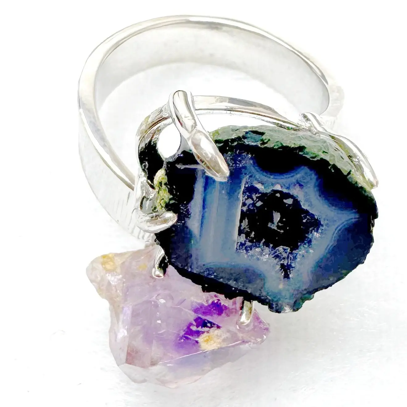 Natural Amethyst Cluster Open Silver Unique Energy Crystal Ring - Minimalist Unisex Natural Gemstone Stone Crystal Jewelry Accessory, Niche Light Luxury Raw Item for Birthday, Anniversary, Natural Gemstone Ring