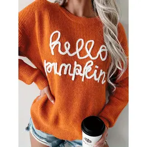 NewWomen's Hello Pumpkin Graphic Sweater - Long Sleeve Round Neck Casual Pullover, Cozy Autumn Winter Top with White Lettering, Hand Wash/Dry Clean, Cute Sweater, Festive Seasonal Apparel, Quality Fabric Can be used with a raincoat1123