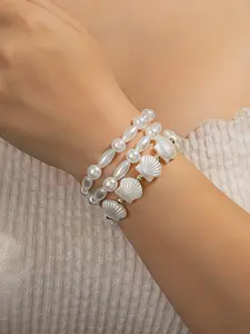 Boho Style Resin Shell Faux Pearl Elastic Bracelets Set, Perfect for Beach Vacation Daily Wear, Women's Fashion Accessories, Bohemian Bracelets