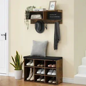 Hall Tree, Wall Mounted Coat Rack Shoe Bench Set with 5 Hooks, Industrial Entrance Organizer Coat Rack, Shoe Cubbies, Entryway Bench with Storage for Hallway