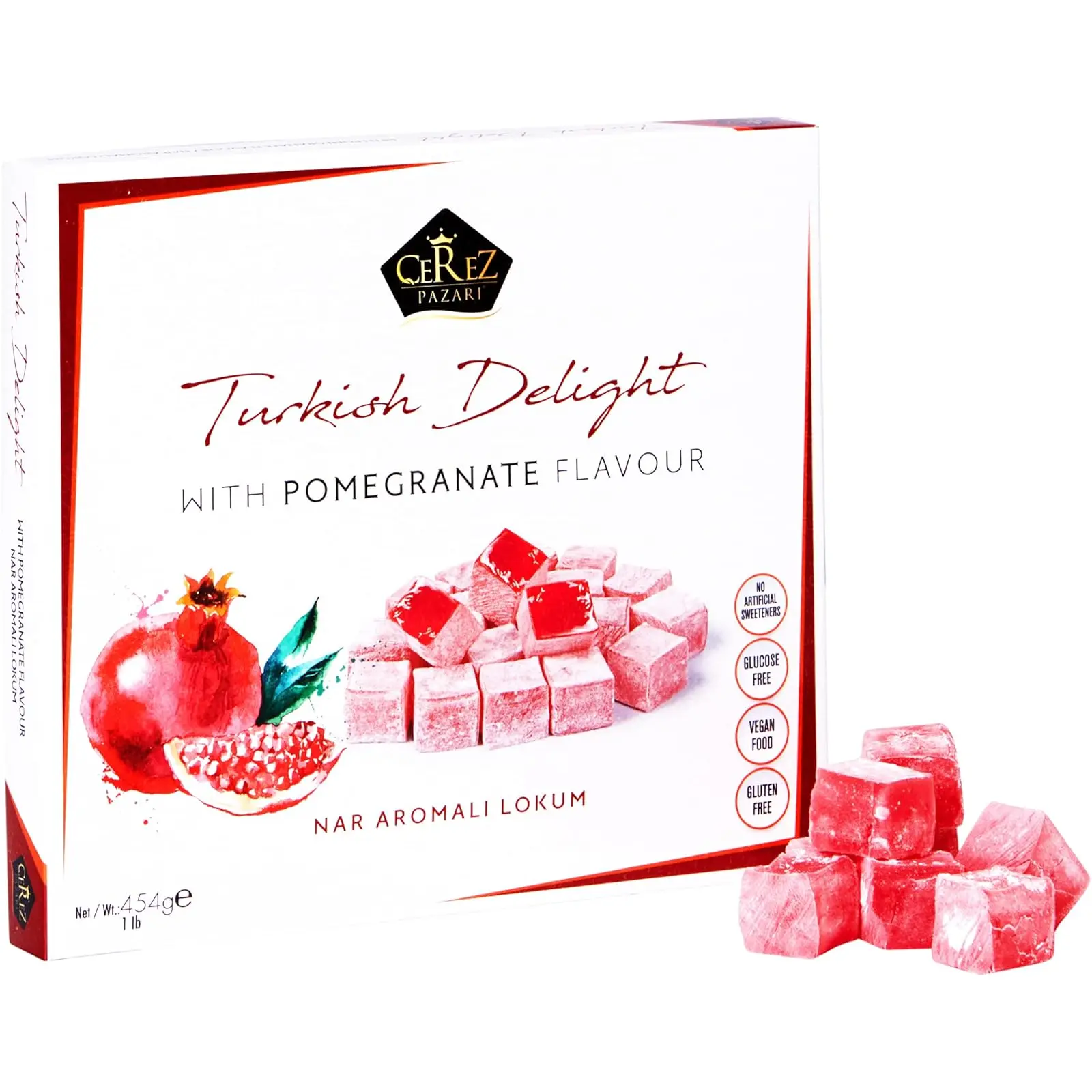 Turkish Delight Pomegranate Flavor, Vegan Soft Candy Dessert, Approx. 42 Pcs in Medium Size Snacks Gift Box