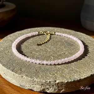 Natural Rose Quartz Dainty Bracelet 3mm Pink Crystal Braided Bracelet Minimalist Style for Daily Use Gift for her, Christmas Gift, Xmas Gift