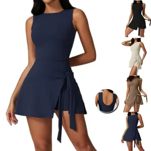 Women's 2-in-1 Quick-Dry Tennis Dress Split Hem Romper with Built-In Shorts & Breathable Gym Activewear