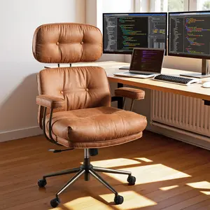 POUUIN Oversized Mid-Century Modern Office Chair with Full-Body Ergonomic Support, Thickened Cloudy-like Cushion, Ultra-Soft PU/Suede Leather, Extra Wide Comfy Executive Chair, Computer Desk Swivel Task Chair with 360° Wheels, Perfect for Remote Workers